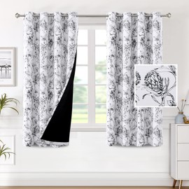 H.VERSAILTEX 100% Blackout Curtains for Living Room Camellia Floral Blackout Curtains 63 Inches Long Light Blocking Window Treatment Curtains with Black Liner Grommet Thermal Drapes, 2 Panels, Black