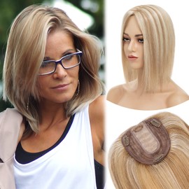 MY-LADY Human Hair Toppers for Women Real Human Hair for Thinning Hair 10*12CM Silk Base Hairpieces No Bangs 130% Density Straight Clip in Remy Hair Pieces 14 Inch #12/613 Golden Brown & Bleach Blonde