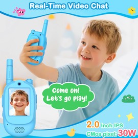 Video Walkie Talkies for Kids, 2 Pack Rechargeable HD Screen Walkies Talkies with 600 FT Outdoor Range, Voice Changer, Watch Straps & Lanyards – Camping Trips Gift for Boys Girls Ages 3-12 (Blue)
