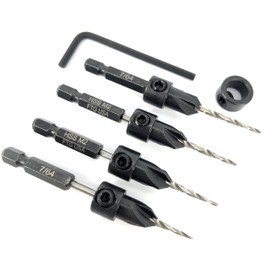 FTG USA Countersink Drill Bit Set 4 Pc #4 (7/64") Wood Countersink Drill Bit, Tapered Countersink Bit, Stop Collar, Hex Wrench, Woodworking Countersink Drill Bits