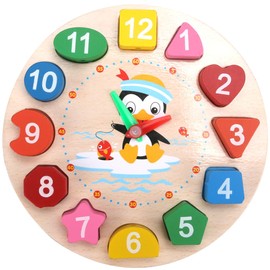 Clock Toy Wooden Teaching Clock Props Penguin Pattern Clock Toys Teaching Time Number Puzzle Stacking Montessori Educational Toys for Toddlers