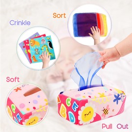 YOGINGO Baby Tissue Box - Montessori Toys for 6-12 Months, 1 Year Old - Soft Stuffed High Contrast Crinkle Infant Sensory Toy, Boys&Girls Toddler Early Learning Baby Gifts