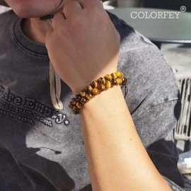 Tigers Eye Bracelet for Men - Premium Handcrafted Mens Tiger Eye Beads Bracelet 2Row, COLORFEY Men Beaded Bracelets Natural Stone Energy Protection Bracelet for Men 8mm Tigers Eye Crystal Gift for Him