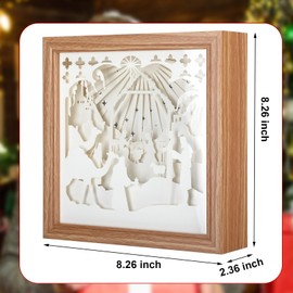Glooglitter Christmas Nativity Scene Light up Shadow Box Wooden Nativity Scene Manger Scene Christmas Religious Decor Winter Decoration Gift Centerpiece for Home Table Fireplace Mantel (Wood Color)