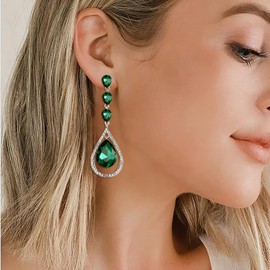 EVER FAITH Wedding Bridal Earrings for Bride, Rhinestone Crystal Chandelier Teardrop Pierced Dangle Earring for Women Green Silver-Tone