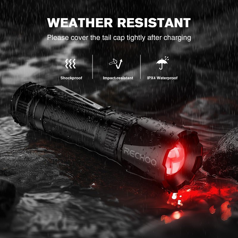 RECHOO Red Light Flashlight, High-Powered 3 Modes Red LED Rechargeable