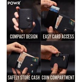 POWR Wallet Men Metal Cardholder Wallet with Coin Compartment. Black Vegan Leather RFID Card Holder for Men. Minimalist Wallet Credit Card Holders for Men. Pop Up Metal Slim Wallet Credit Card Holder