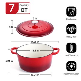 P&P CHEF 7 Quart Enameled Dutch Oven, Red Cast Iron Dutch Oven Pot with Lid for Bread Baking, Enameled Casserole Pot for Roasting Braising Stewing Frying Simmering, Various Stoves & Oven Safe