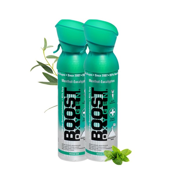 Boost Oxygen Oxygen tab for on the go with 95% oxygen, 10 L, 2 x 5 L oxygen can with oxygen mask for more than 200 inhalations, mobile oxygen inhaler (menthol-eucalyptus flavour)