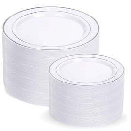 I00000 200 Pcs Silver Plastic Plates - Disposable Party Plates, Silver Plates Disposable Include 100 Dinner Plates and 100 Elegant Dessert Plates, Plastic Plates for Party, Holiday & Wedding