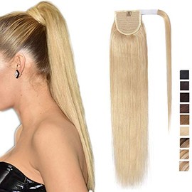 20 inch SEGO Ponytail Extension Human Hair 100% Real Remy [Wrap Around] #613 Bleach Blonde One Piece Clip in Hairpieces for Women Straight (95g)