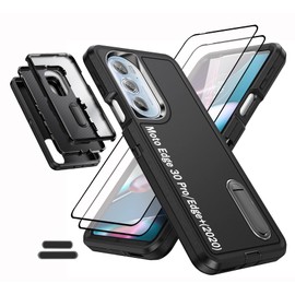 ymxdmd Case for Moto Edge 30 Pro/Edge+(2020) 6.7 Inch, Full Body Protection Heavy Duty Shock Absorbing 3 in 1 Silicone Rubber Built-in Stand with 2 Tempered Screen Protectors-Black
