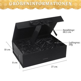 Gift Box with Bow, Gift Box with Lid, Gift Box with Ribbon and Shredded Paper, Magnetic Gift Boxes for Wedding, Birthday, Christmas, Anniversary (Black, 27 x 19 x 8 cm)