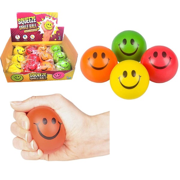 Zugar Land - Bola de estrés de cara sonriente feliz de 2.5 pulgadas (12) caja al por menor. Bolas rojas, verdes, amarillas y naranjas