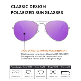 Mirrored Pilot Sunglasses for Women Polarized Vintage Mens Shades Stainless Steel Frame Classic Eyewear UV Protection with Case, 58MM(Silver,Purple)