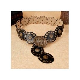 BEAUDRM Women's Grommet Eyelet Wide Disc Belt Boho Cowgirl Vintage Western Metal Buckle Leather Concho Waist Belts Black suit waist size: 51.2-59.1"