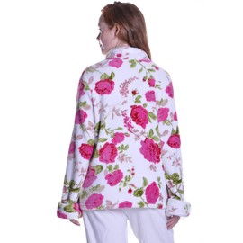 LA CERA Women Floral Microfleece Bed Jacket with Mandarin Collar, Long Sleeves, Front Pockets, Button Front, 100% Polyester, White Red, 1X