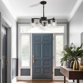 Eatich Black Chandelier, 6 Light Dining Room Light Fixture, Modern Farmhouse Chandeliers for Dining Room Adjustable Height, Hanging Light Fixtures Ceiling for Entryway Foyer Kitchen Island Bedroom