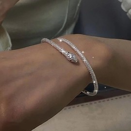 TseenYi Punk Snake Bangle Bracelet Silver Serpent Bangle Snake Serpent Bracelet Shine Snake Bracelet Sparkling Charm Bracelet Animal Jewelry for Women and Girls Gifts