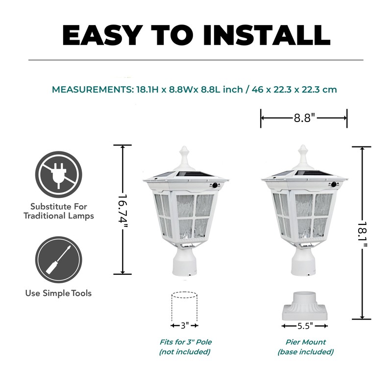 Kemeco ST4311AQ-W Solar Post Light Outdoor, Dusk to Dawn Bright