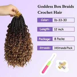 Mebeli Goddess Box Braids Crochet Hair,12inch Pre Looped Boho Braid Crochet Hair with curly Ends,8pcs Crochet Bohemian Box Braids Synthetic Hair Extensions for Black Women(12inch,#1B/33/30)