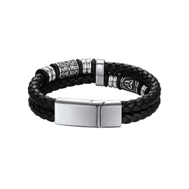 Richsteel Leather Bracelet for Men Double-Layer Braided Leather Bracelet with Clasp Silver Inspirational Bangle Bracelet Wristband Christmas Birthday Thanksgiving Day Gifts for Him and Friends