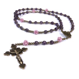 Purple Amethyst Stone and Lavender Rose Rosary Beads Catholic for Women with Miraculous Medal Centerpiece - Catholic Rosary - Catholic Gifts Women - Rosary Necklace for Women - Catholic Gift,