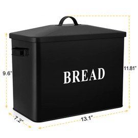 P&P CHEF Extra Large Bread Box with Lid, Metal Bread Storage Container for Farmhouse Kitchen Countertop, 13.1” X 11.81” X 7.2” Inches for Holding 2+ Loaves, Indoor & Outdoor Use, Black