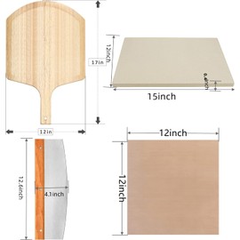 4 PCS Rectangle Pizza Stone Set, 15" Large Pizza Stone for Oven and Grill with Pizza Peel(OAK), Pizza Cutter & 10pcs Cooking Paper for Free, Baking Stone for Pizza, Bread,BBQ
