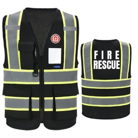 AYKRM Black Fire Rescue High Visibility Reflective Safety Vest
