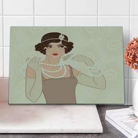 Ambesonne Old Hollywood Cutting Board, Curly Hair Brunette Flapper Girl Wearing Necklace and Headband, Decorative Tempered Glass Cutting and Serving Board, Large Size, Beige Brown Ivory