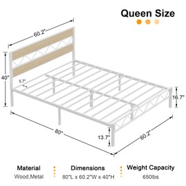 VECELO Queen Size Bed Frame with Headboard, Heavy-Duty Platform Bedframe with Metal Slats Support, No Box Spring Needed, Easy Assembly, White & Natural
