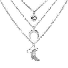 WCRAZYE Boho Layered Necklace Western Necklaces for Women Boot Bull Head Necklace Silver Cresent Moon Pendant Necklace Western Jewellery, Medium, Zinc, No Gemstone
