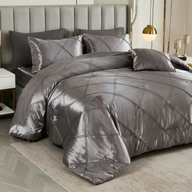 Chumerry Rich Satin Comforter Set Gray Pintuck Bedding Set Queen Size Bed in a Bag Extra Smooth Luxury Silk Like Silky Duvet Diamond Geometric Pinch Pleat Bed Set