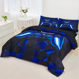 URBONUR Blue Gamer Comforter Set Queen Size for Teen Boy Bedding Sets 3D Gaming Geometric Printed Soft Microfiber Kids Bed in A Bag