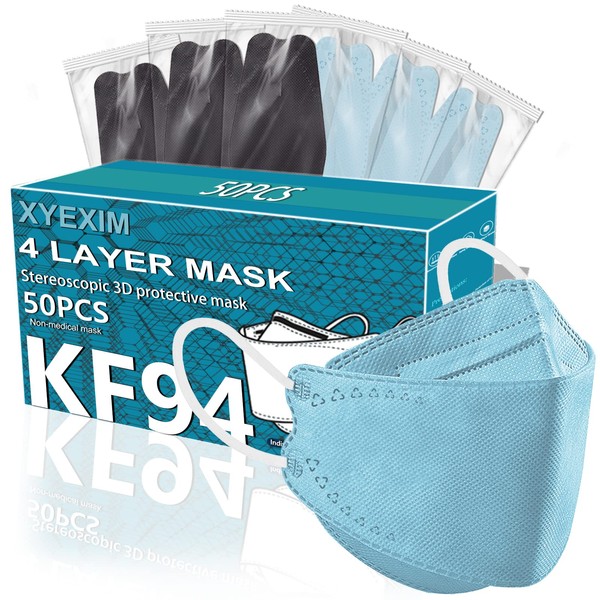 Mascarilla KF94, 50 unidades, filtro importado coreano, envuelta individualmente, 4 capas, transpirable, cómoda, estructura 3D para un mayor espacio de respiración y maquillaje, color azul