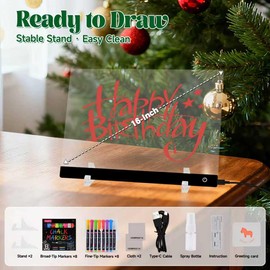 16-Inch LED Note Board with 7 Colors & 4 Modes, Light Up Dry Erase Board with Stand, LED Drawing Pad with 16 Markers, Spray Bottle & USB (Black)