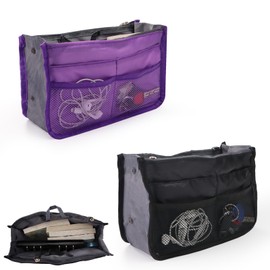 2 Pack Travel Purse Organizer Insert for Handbags, bag organiser, Nylon Purse Organizer, Tote Bag Organizer, 13 Pocket, Large Capacity Tote Organizer Insert with Zippers and Handle (Purple＋Black)