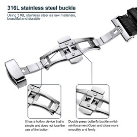 Tritonuk Genuine Leather Bracelet with Butterfly Folding Clasp 24 mm Black Waterproof Sweatproof Watch Strap for Men Women