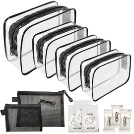 POQOD 6 Pack TSA Approved Clear Travel Toiletry Bag, Portable Travel Makeup Bag With Zipper, Carry On Airport Airline Clear Make up Bag for Toiletries, Black