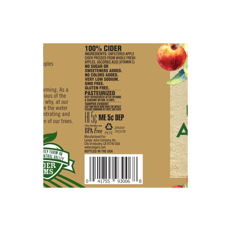 Langer Farms Unfiltered 100% Apple Cider,Not from Concentrate, 64 Fl