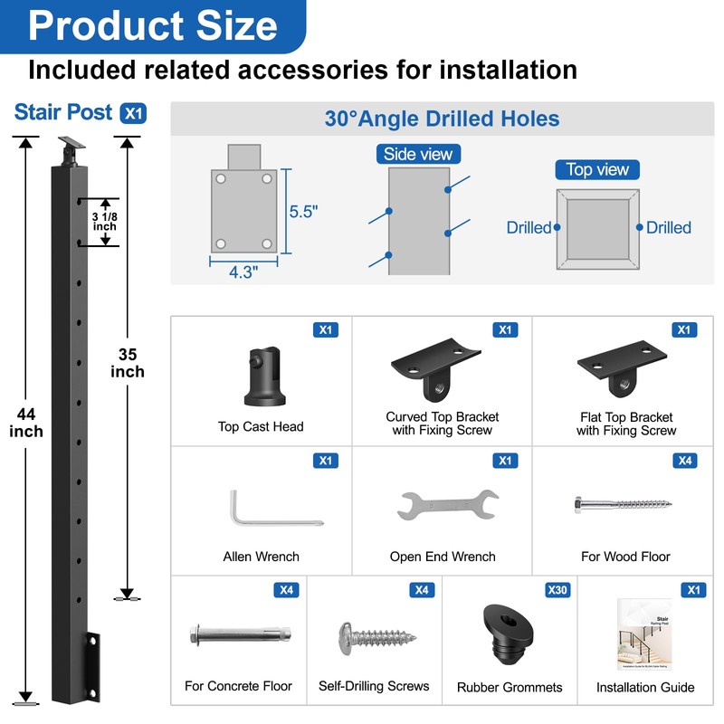 PLANTOP 36" Left Side Mount Stair Cable Railing Post for