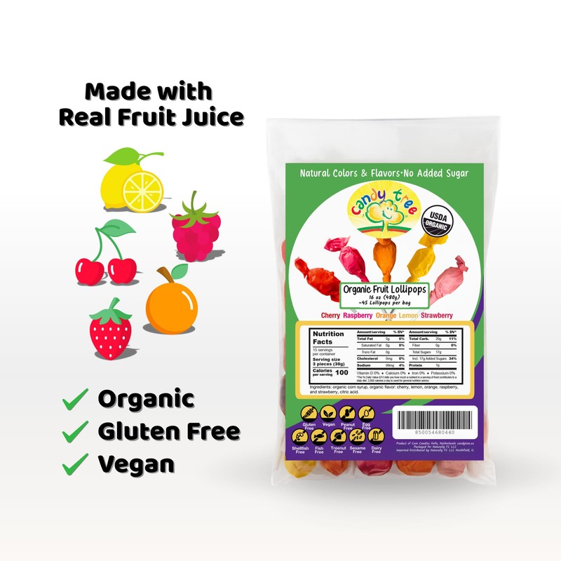 Candy Tree Organic Lollipops Assorted Flavors | No Added Sugar,
