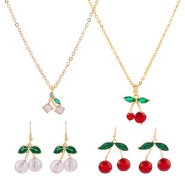 SUPERFINDINGS 4 Pcs Red Cherry Dangle Earrings Pendant Necklaces Green Leaf Earrings and Necklaces Gold Plated Sweet Cherry Jewellery with Gold Chain for Women s Christmas