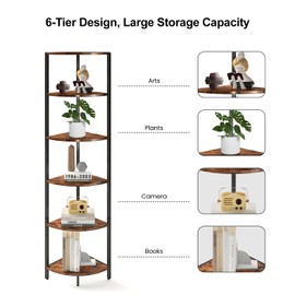 6 Tier Corner Shelf 63.1" Tall Ladder Corner Storage Shelf Rack Industrial Standing Shelf Organizer Display Rack with Rustic Bookshelf Bookcase Plant Stand for Living Room Bedroom Brown CS-001RB