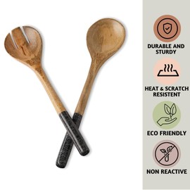 Folkulture Salad Servers or Salad Tongs, Wooden Utensils for Serving Salad, 12-inch or 30cms Spoon and Fork Set, Mango Wood (Black, 12 inch)