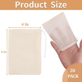 Reusable Tea Strainer Cotton Cloth Bags, 20 Pcs 4 x 6 in Natural Muslin Filter Drawstring Bags for Coffee, Soy Milk, Tea, Candy, Juice, Herbs, Spices