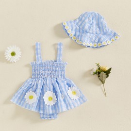 XIXIMAON Baby Girl Summer Outfit Sleeveless Suspender Skirt Romper Smocked Camisole Flower Embroidery Stripe Bodysuit with Sunhat Newborn Beach Dress (Blue, 6-12 Months)