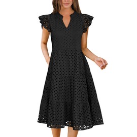 ANRABESS Womens 2025 Summer Midi Dress Hollow Out Eyelet Ruffle Sleeve V Neck Casual Flowy Tiered Beach Vacation Sundress Black Large