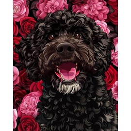 ZUVRDIAI Valentine Portuguese Water Dog Paint by Numbers Kit for Adults Beginner Roses Flowers DIY Digital Oil Painting Kits on Canvas with Brushes and Acrylic for Home Decor Gifts 16x20 Inch